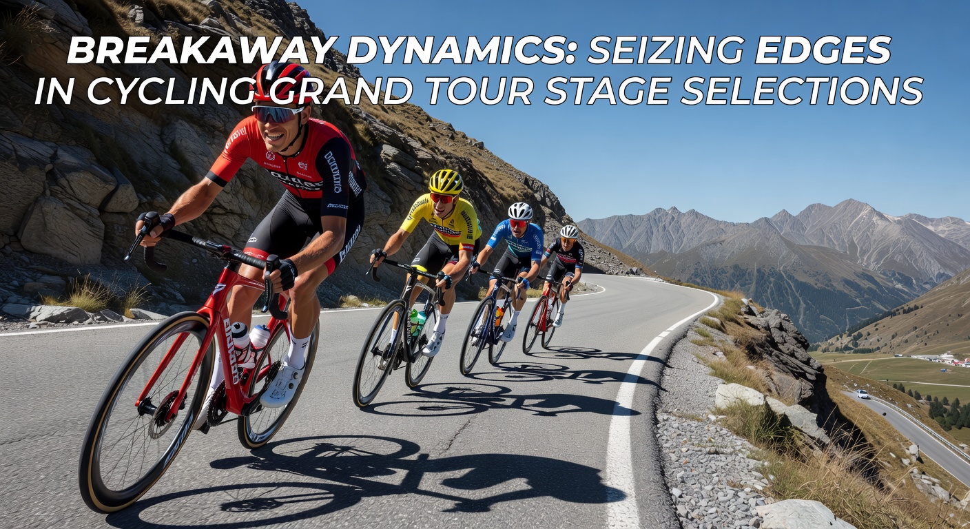A breakaway rider powering up a steep climb in a Grand Tour, peloton blurred far behind amid dramatic mountain scenery