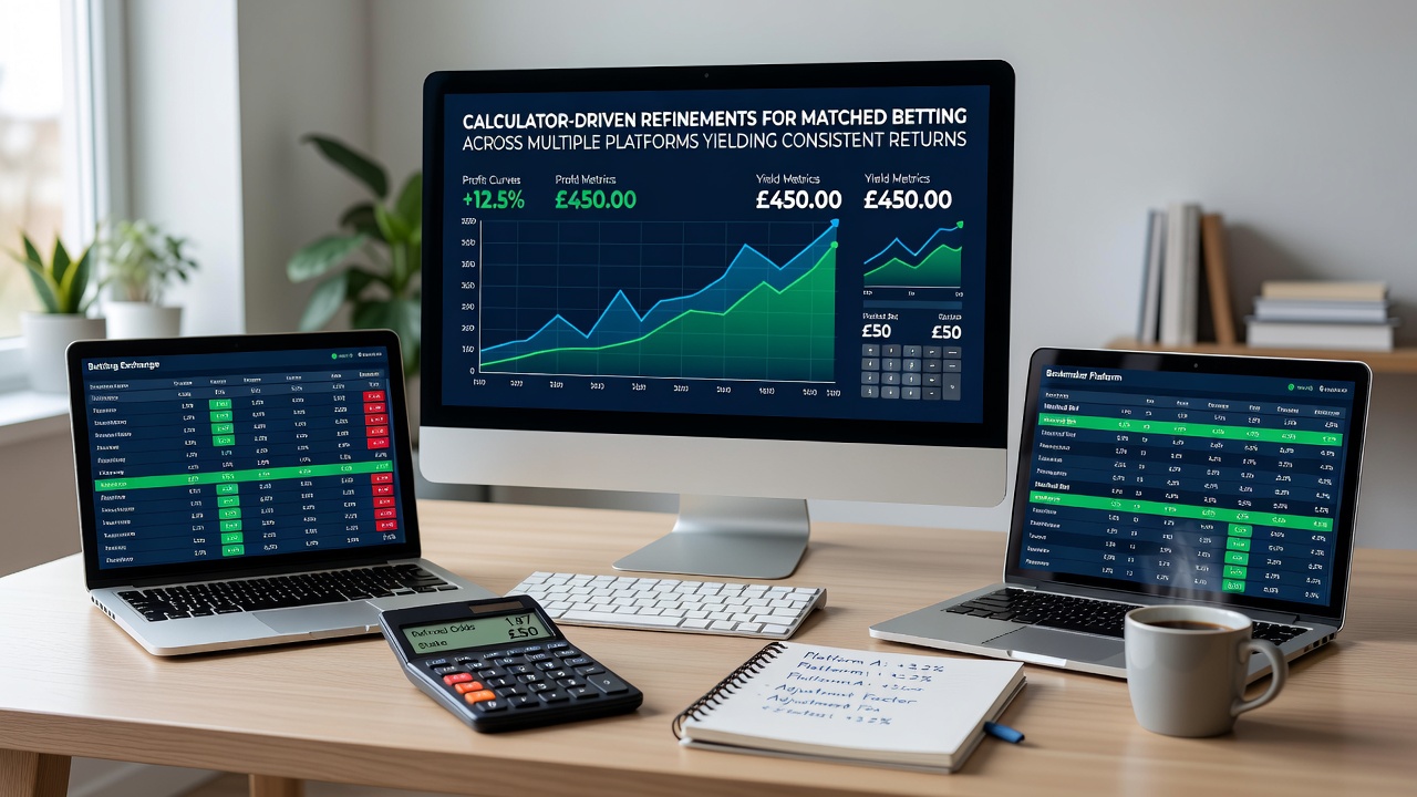 Multiple betting platform dashboards showing synchronized stake calculations and profit consistency metrics