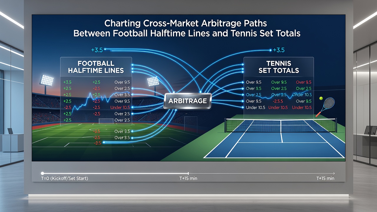 Data dashboard illustrating arbitrage path detection between halftime football lines and tennis set totals
