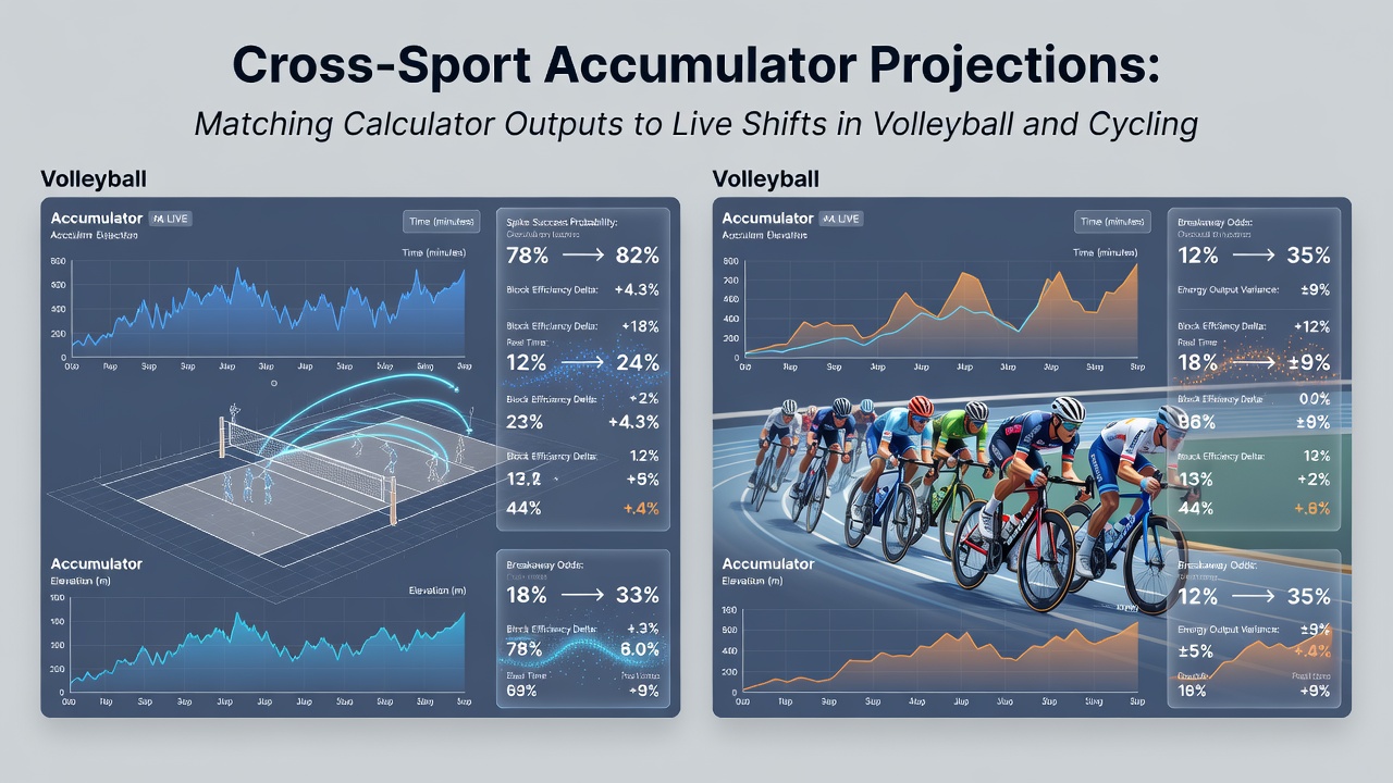 Live cycling stage view with overlaid accumulator projection metrics and volleyball court statistics side by side