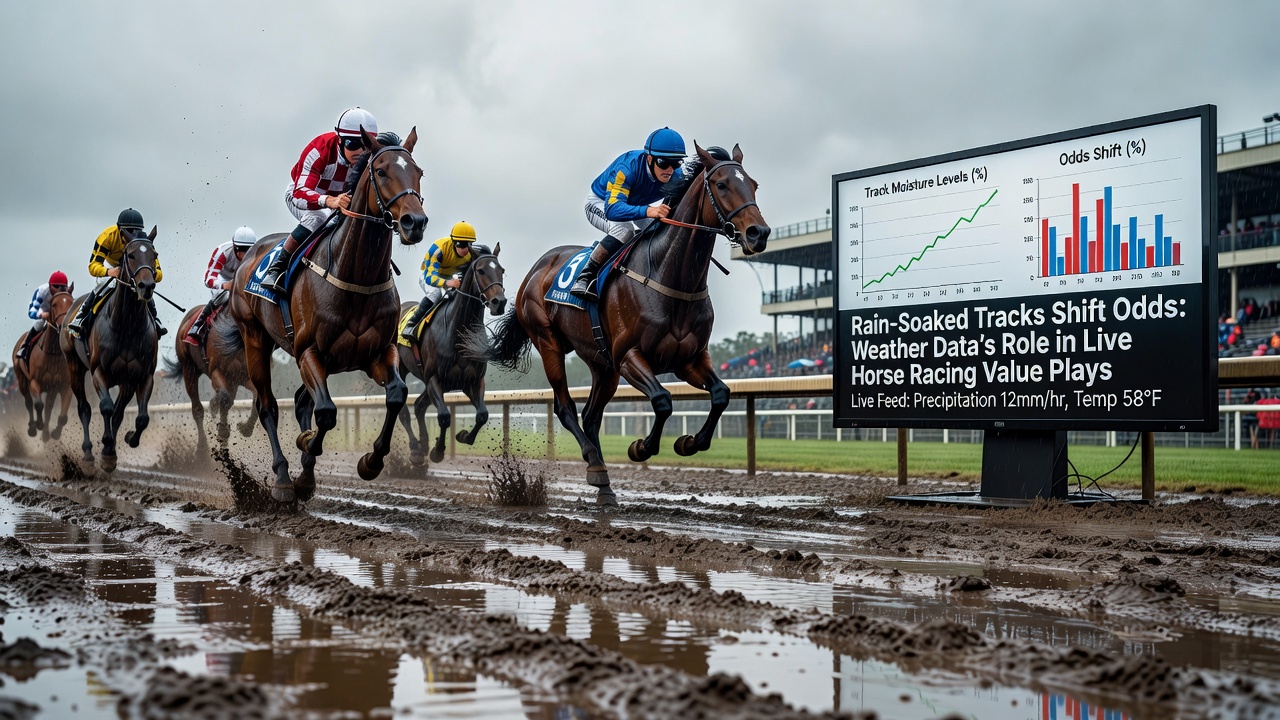 Jockeys navigating a rain-affected horse racing circuit with water spray rising from hooves on the softened turf