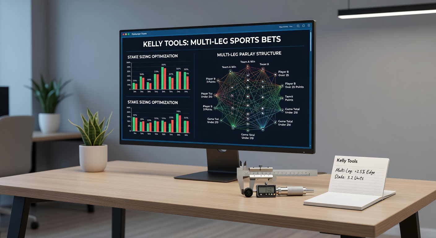 Screenshot of a Kelly Criterion calculator interface displaying stake recommendations for a four-leg soccer accumulator with probability inputs and risk-adjusted outputs