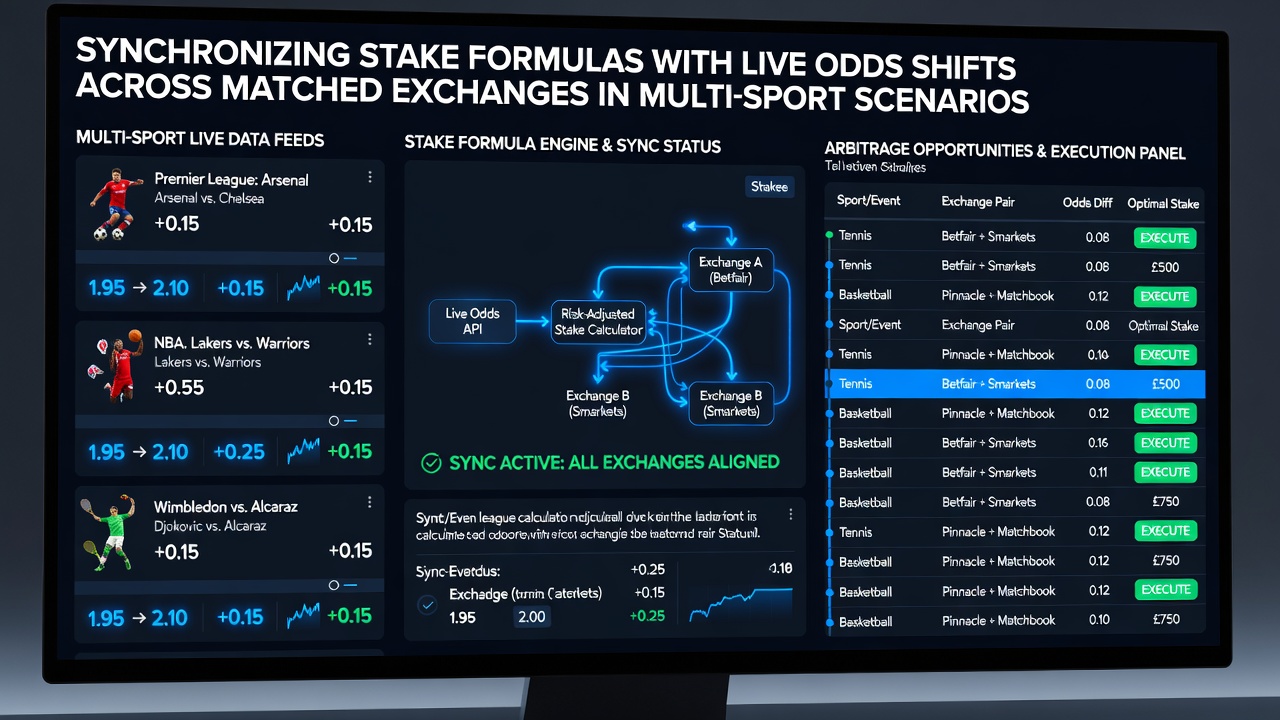 Example interface showing live odds synchronization and stake adjustments across matched betting exchanges in multi-sport settings