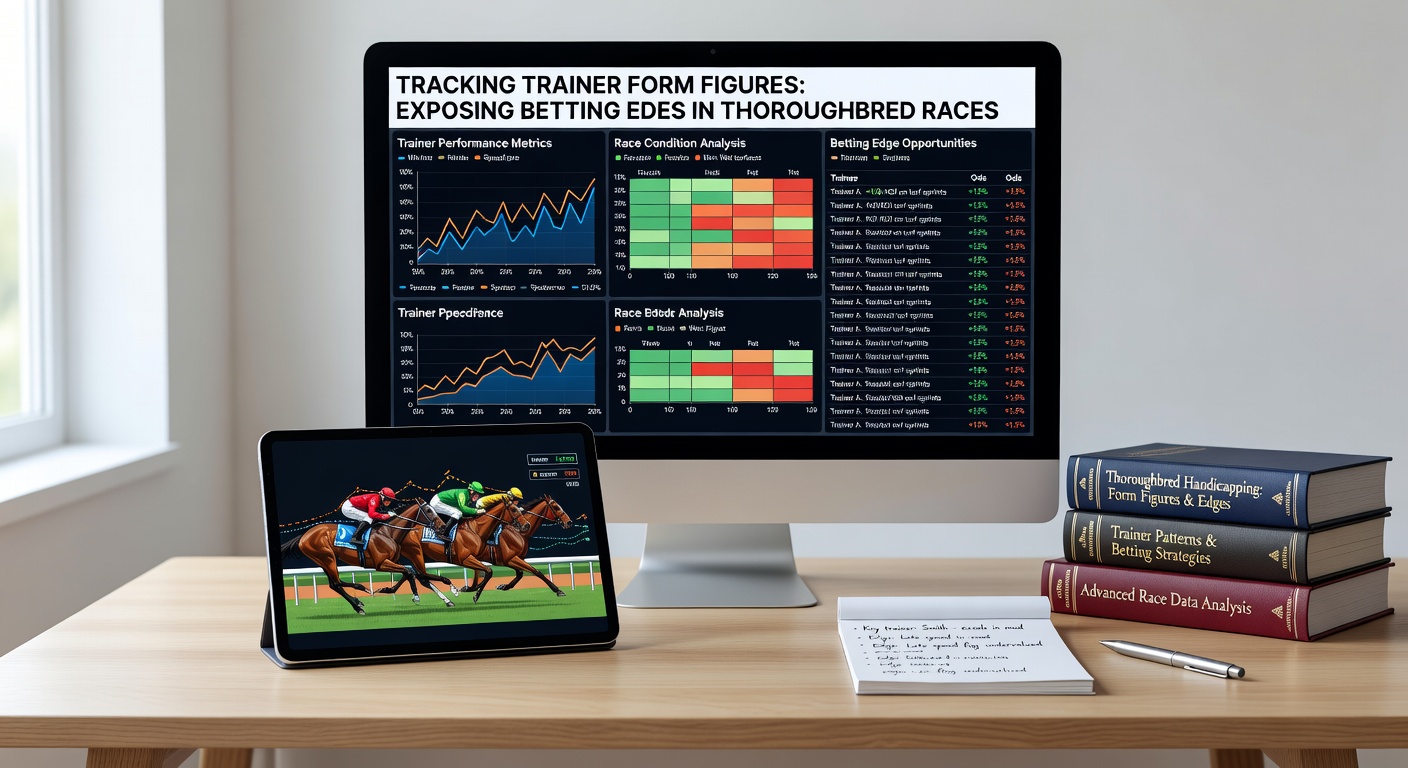 Close-up of a trainer reviewing race data on a tablet during morning gallops, with overlaid stats on recent performances