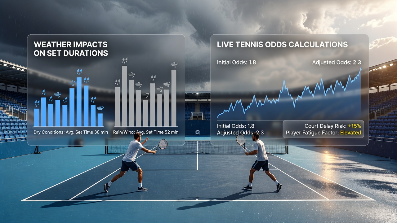 Live tennis match with visible weather influence on court play and timing